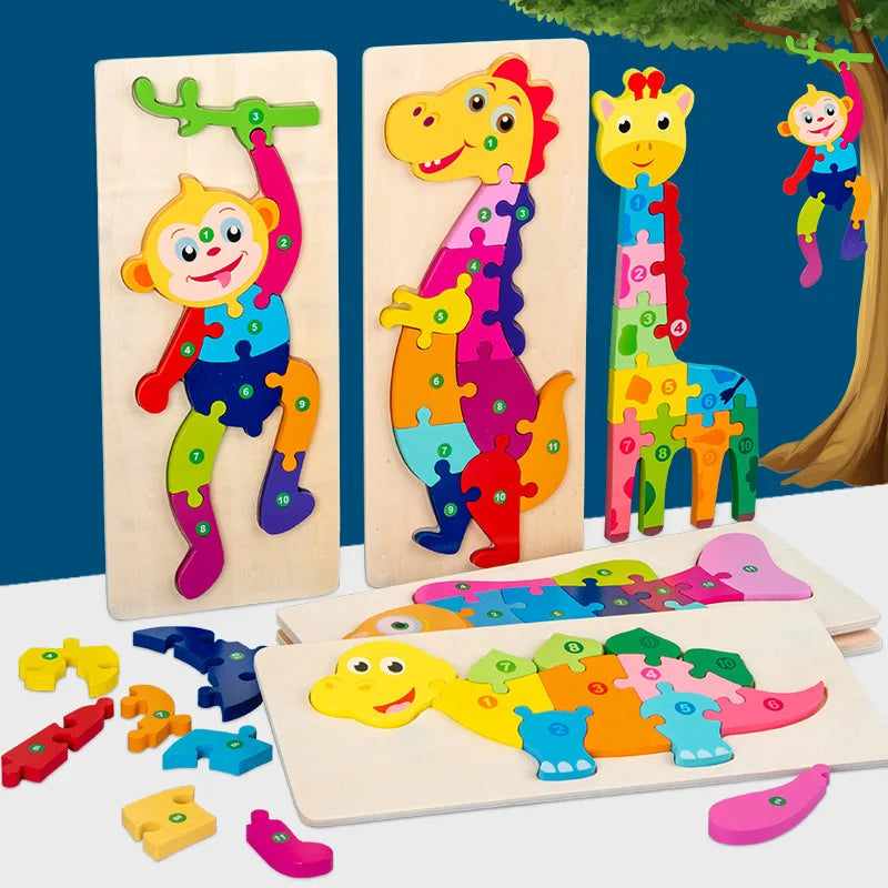 "Colourful wooden numbered puzzles with monkey, giraffe and dinosaurs."