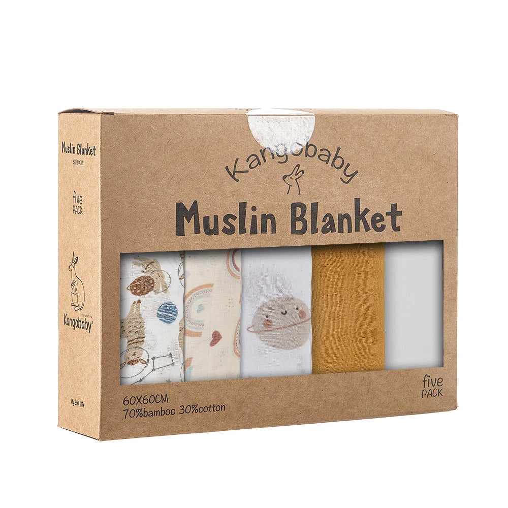 "A cardboard box with five baby muslin blankets animal print."