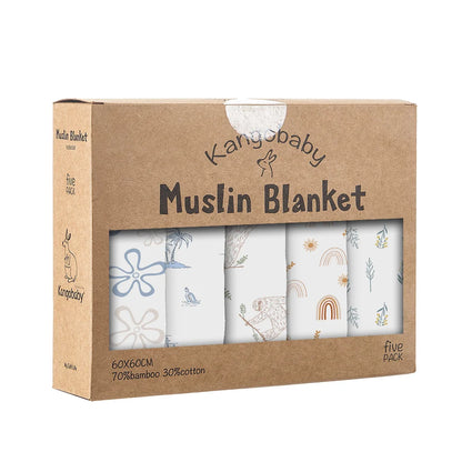 "A kangobaby five pack of cute muslin blankets."