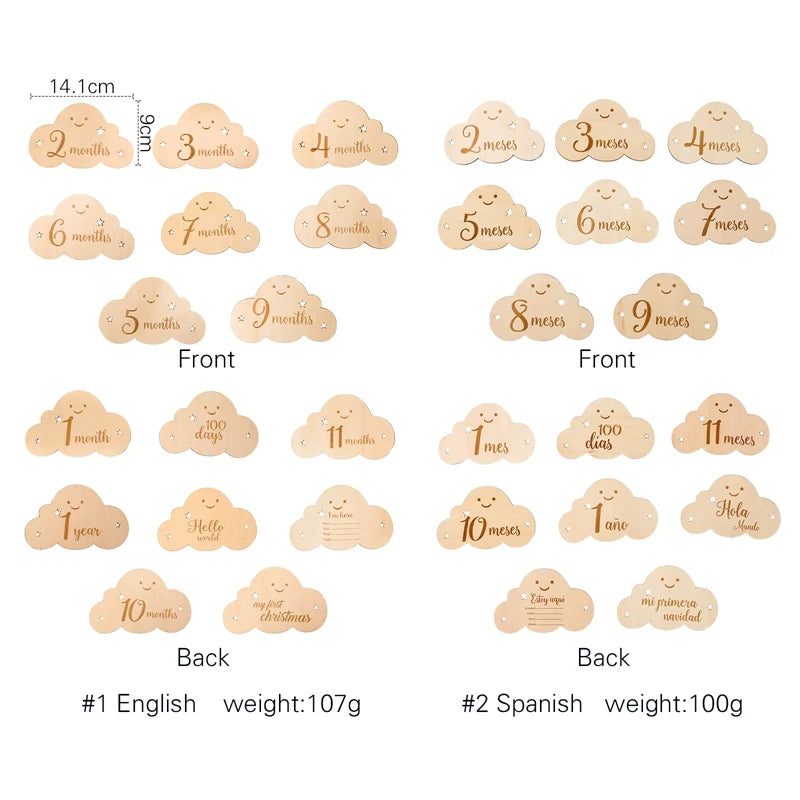 "English and Spanish baby wooden milestone cards"