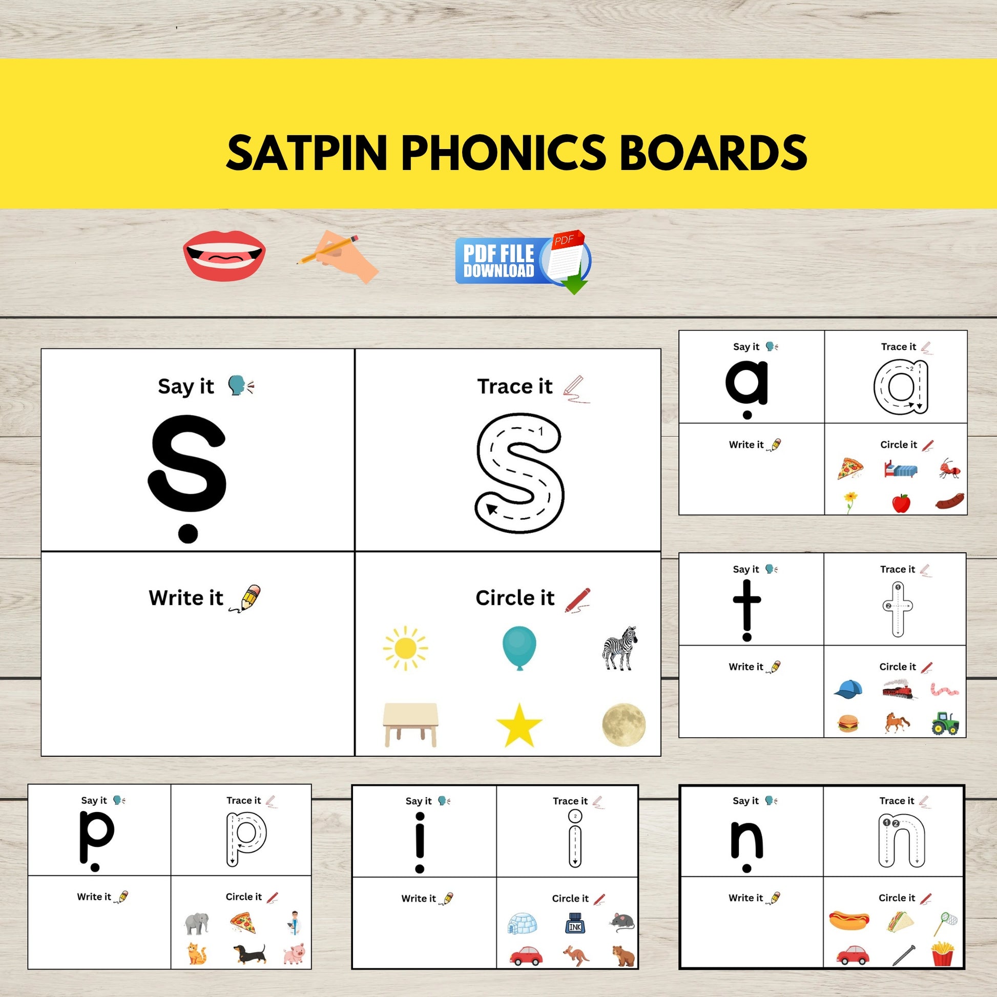 SATPIN Phonics Boards with various educational activities on a wooden surface.
