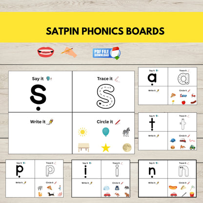 SATPIN Phonics Boards with various educational activities on a wooden surface.