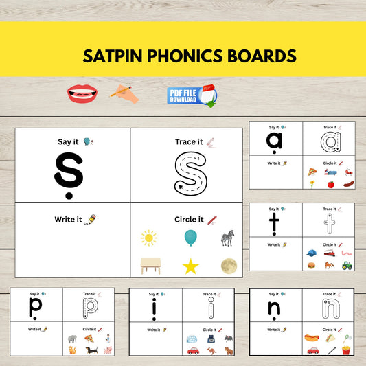 SATPIN Phonics Boards with various educational activities on a wooden surface.