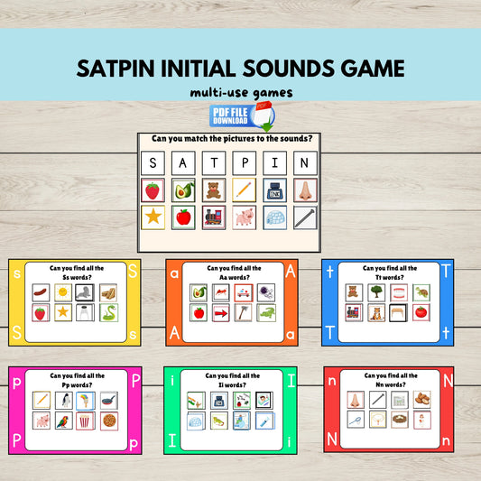 Printable SATPIN phonics initial sounds game for kids featuring colourful letter cards and activities to support early literacy and sound recognition.