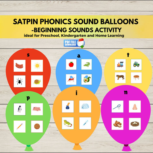 Educational activity for phonics, sound balloons with colourful beginning sound cards. 