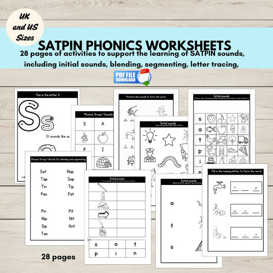 A set of printable phoincs worksheets for the sounds SATPIN.