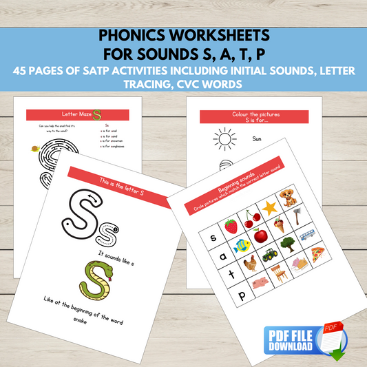 A set of phonics sounds S A T P Worksheets PDF.