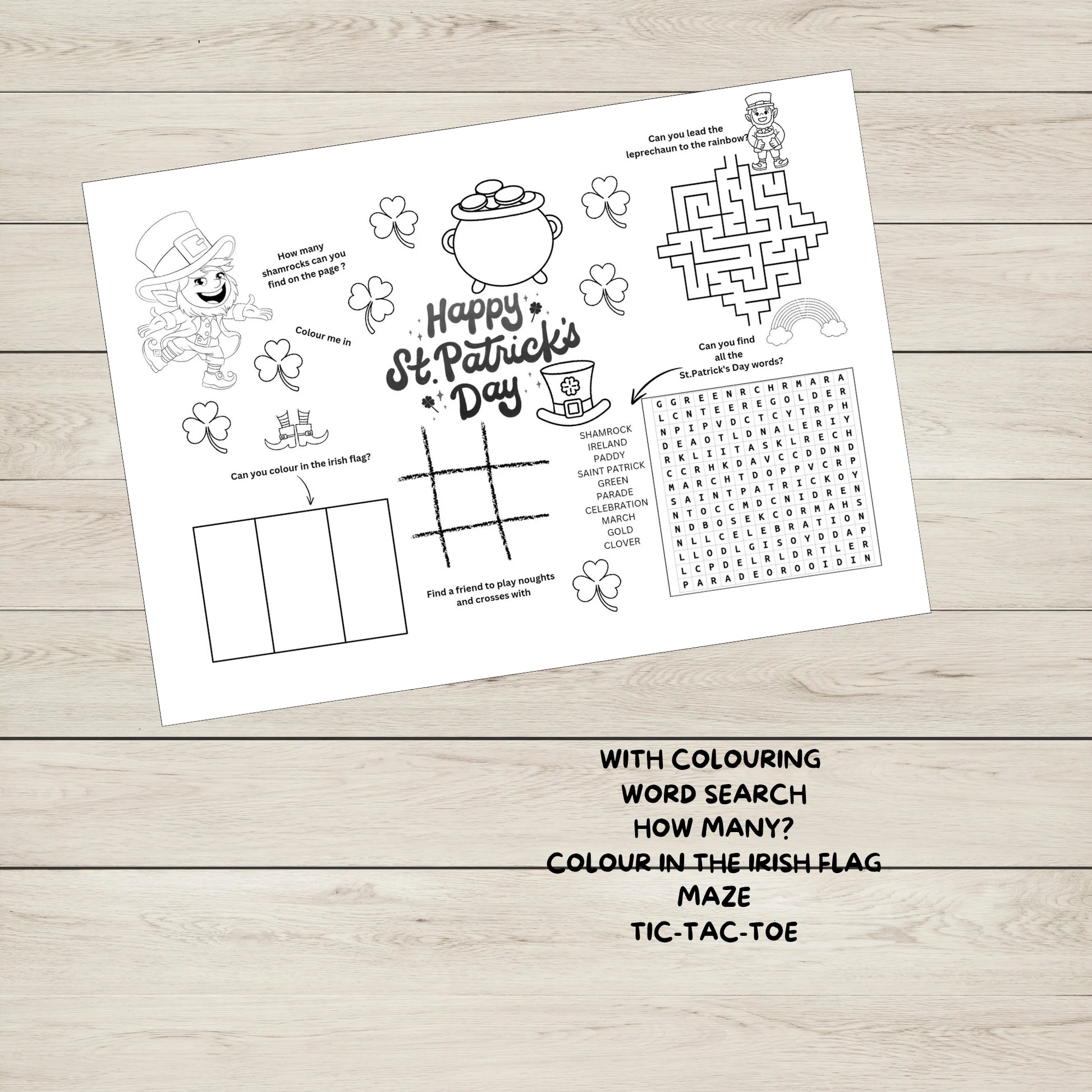 Saint Patrick's Day Activity Page for Kids with puzzle games and colouring in. 