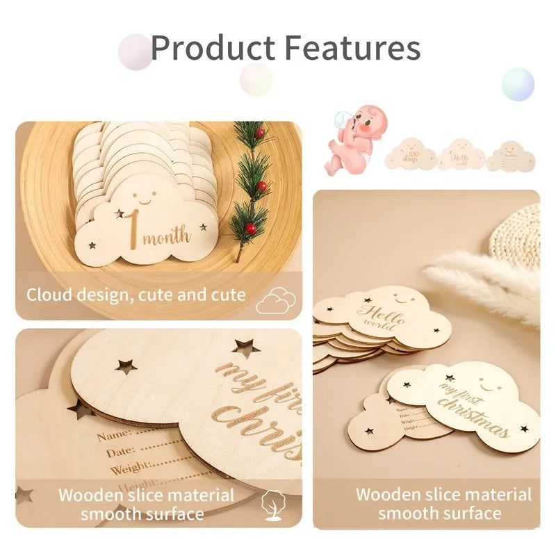 "Product features for cloud wooden baby milestones"