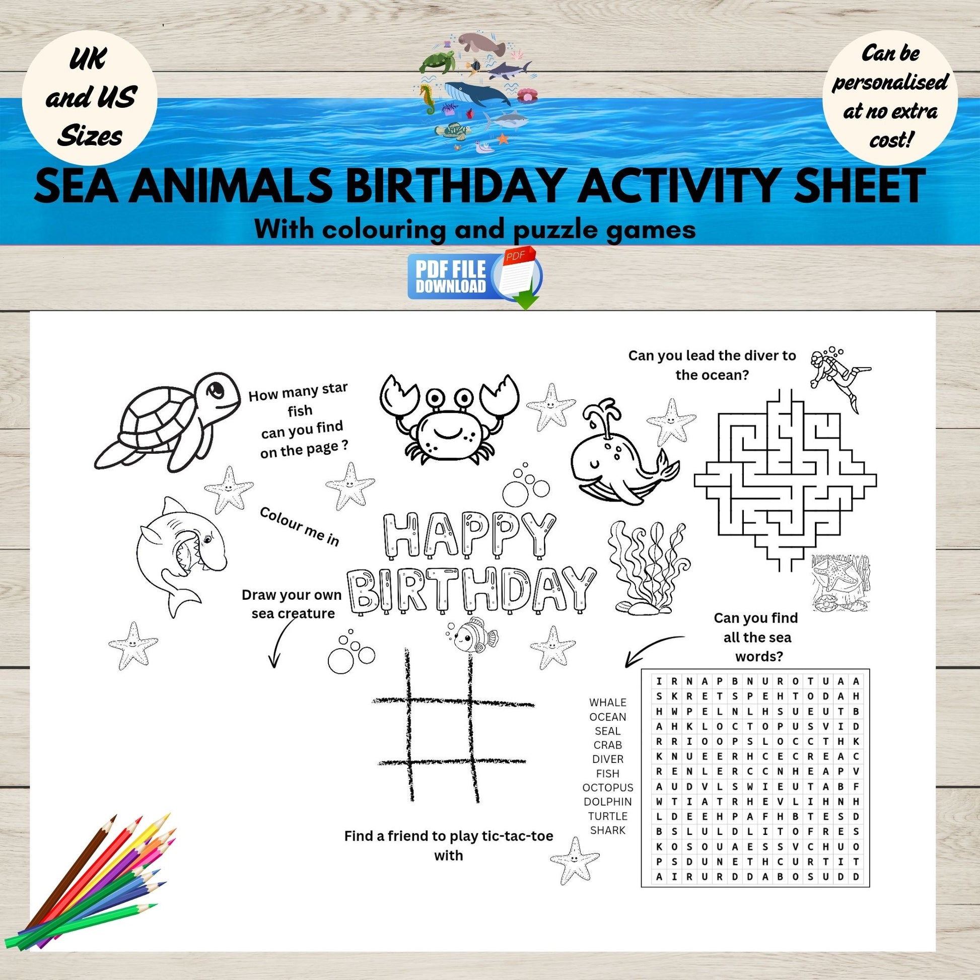 Printable under the sea birthday activity placemat for kids featuring colouring, word search, maze, drawing, and tic-tac-toe-ideal for ocean-themed parties.