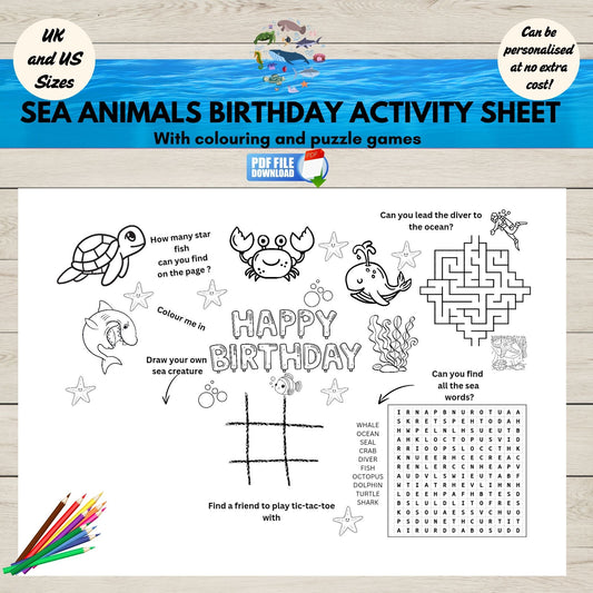 Printable under the sea birthday activity placemat for kids featuring colouring, word search, maze, drawing, and tic-tac-toe-ideal for ocean-themed parties.