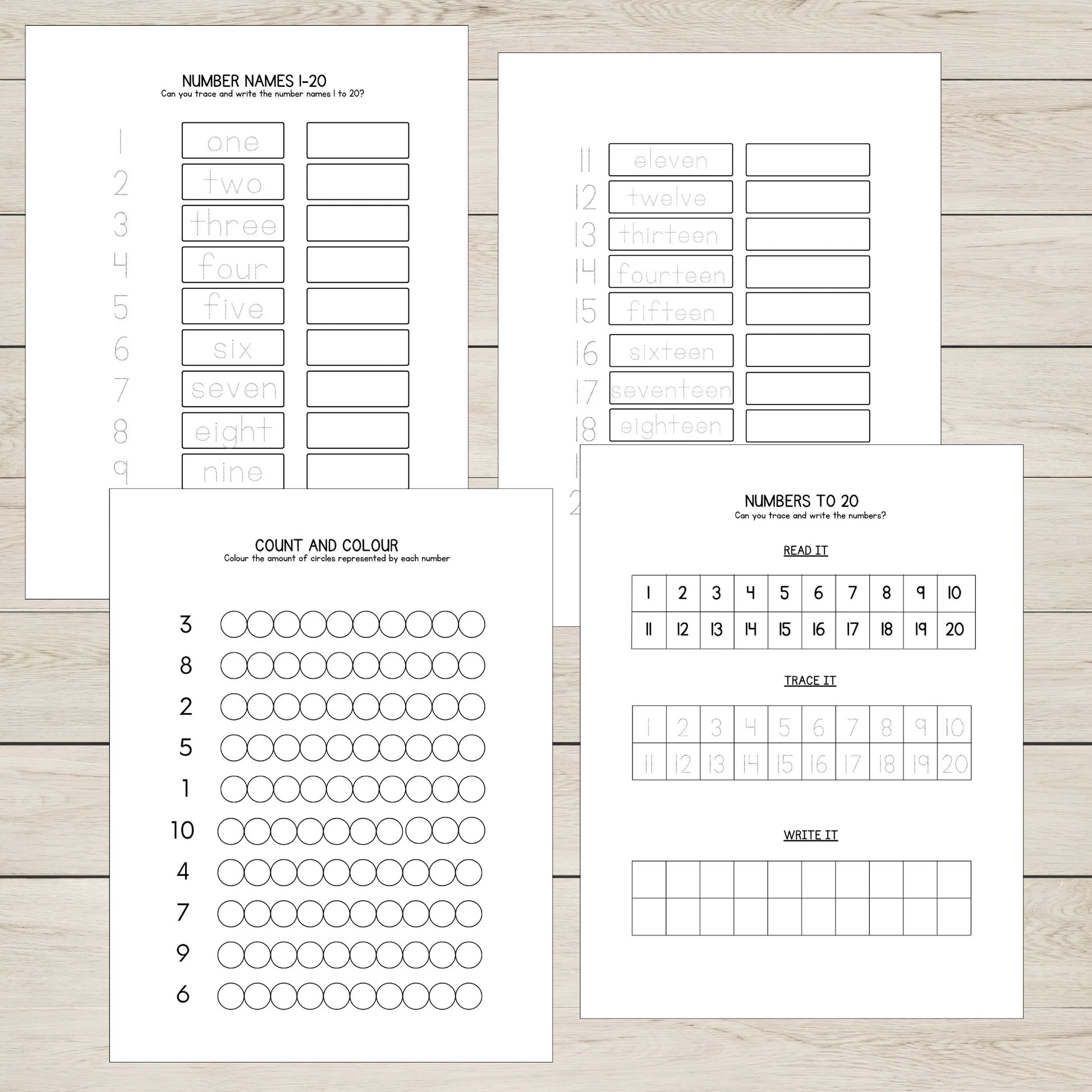 A set of four number worksheets for number recognition 1 to 20. 