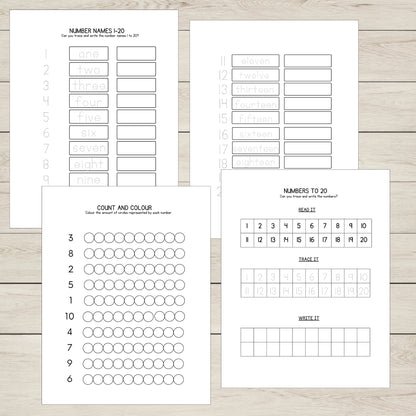 A set of four number worksheets for number recognition 1 to 20. 