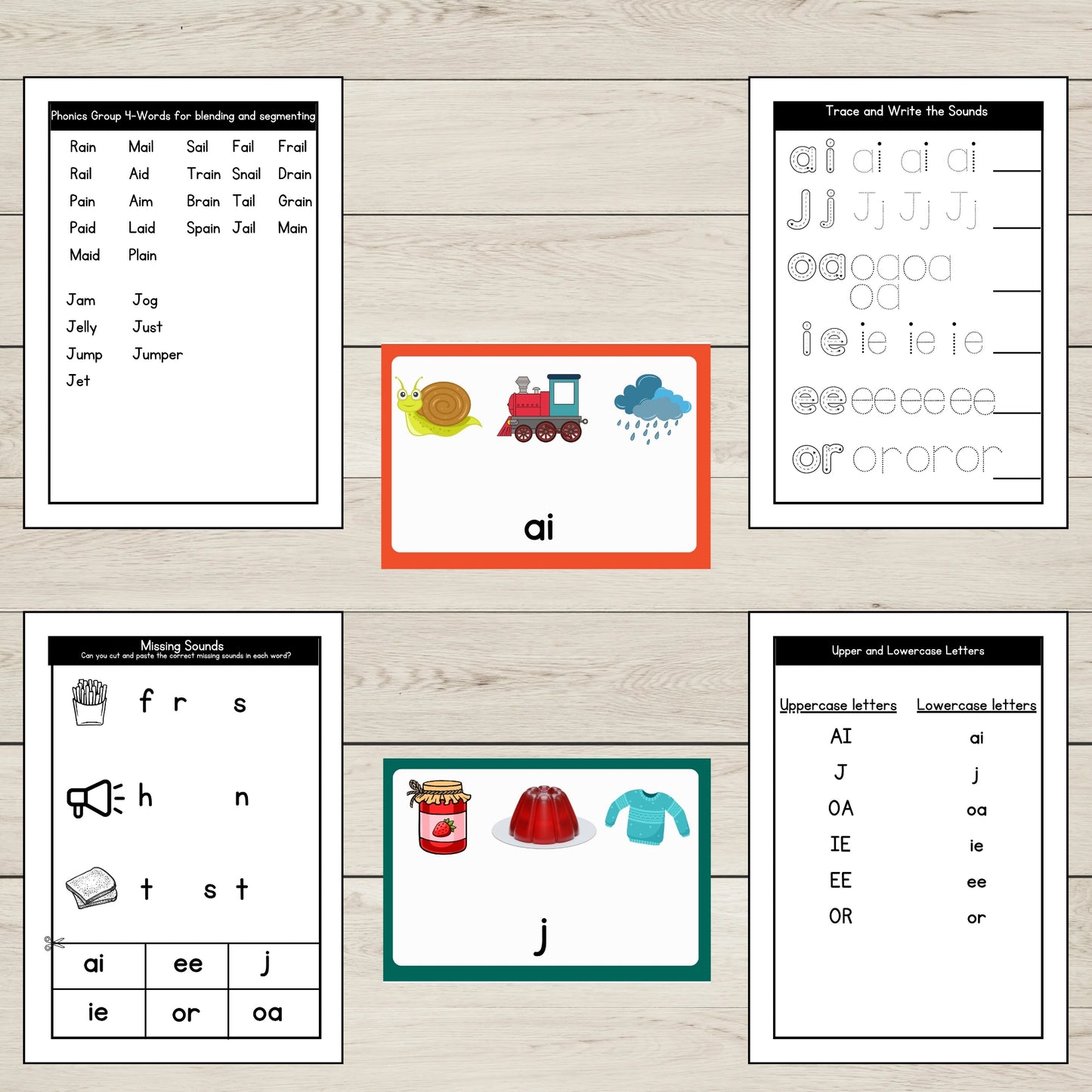 Set of Phonics Group 4 Activity Sheets and Flashcards for Early Literacy. 