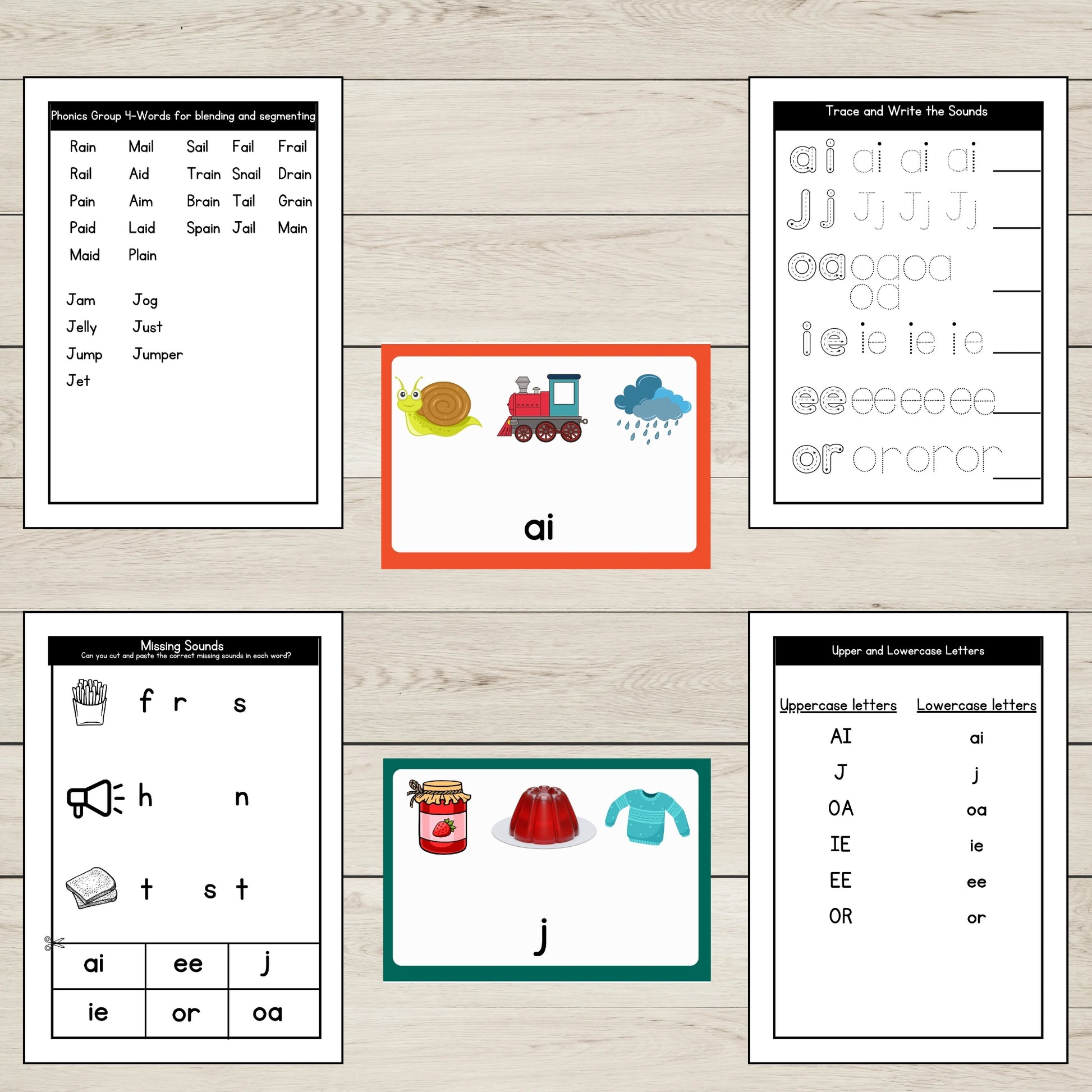 Set of Phonics Group 4 Activity Sheets and Flashcards for Early Literacy. 
