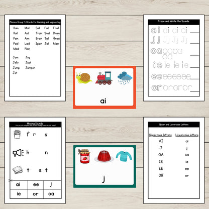 Set of Phonics Group 4 Activity Sheets and Flashcards for Early Literacy. 