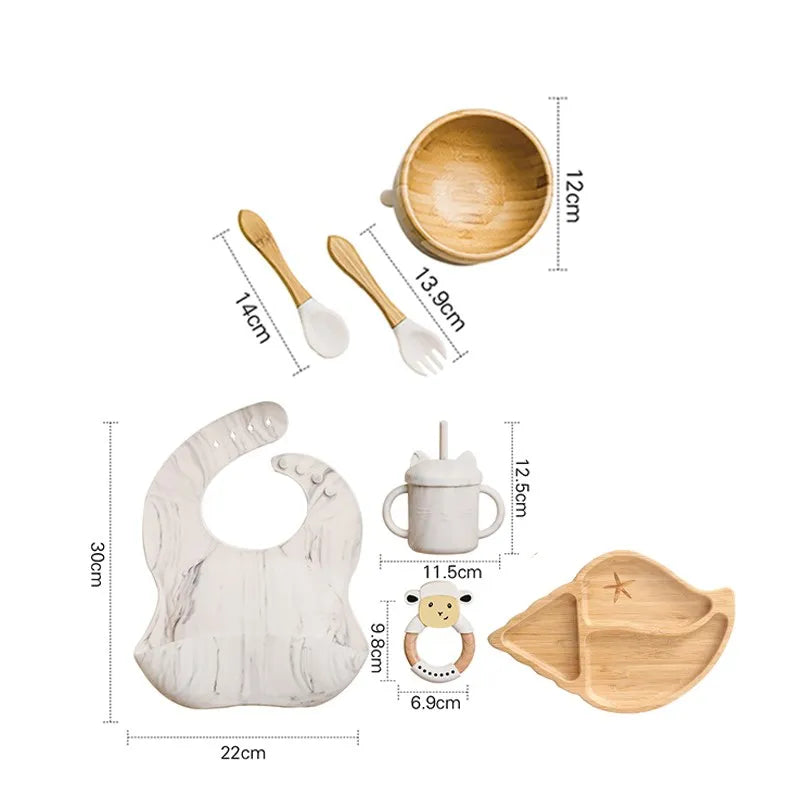 "A white marble baby bamboo and toddler weaning set."