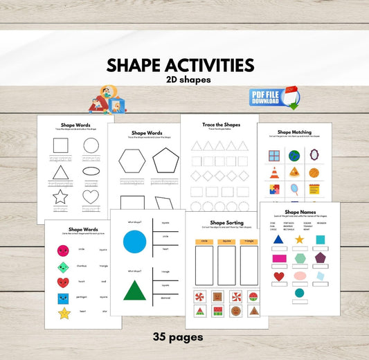 Printable 2D shapes activity worksheets for preschool and kindergarten-includes tracing, matching, counting, and sorting shapes like circles, squares, triangles, and more.