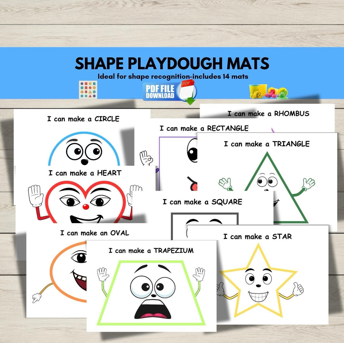 Printable shape play dough mats for kids featuring circle, square, triangle, and more-fun hands-on activity for preschool and kindergarten learning.
