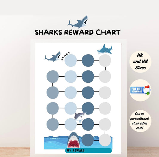 A printable reward chart with shark images for kids