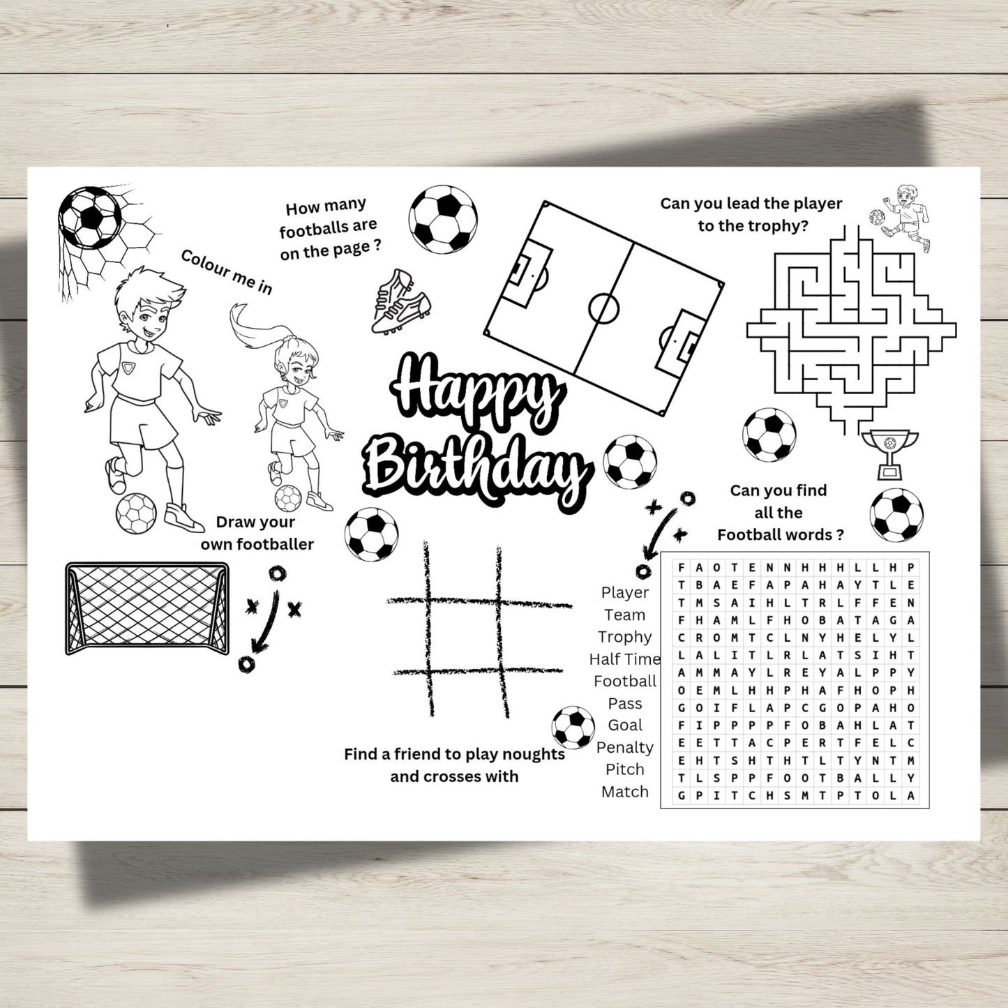 Children's birthday activity sheet with soccer-themed games.