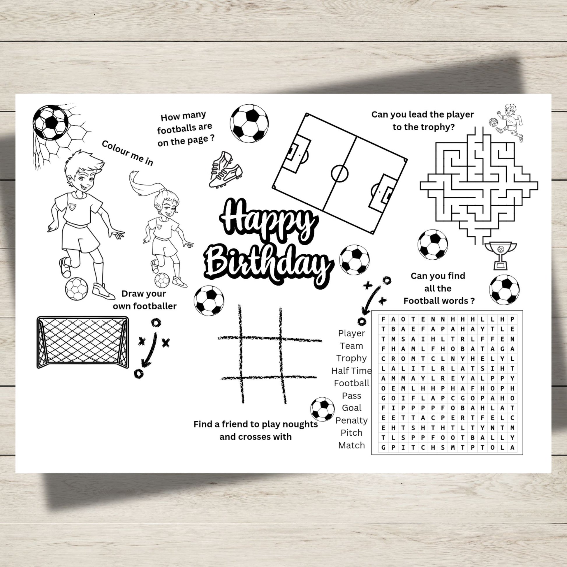 Children's birthday activity sheet with soccer-themed games.