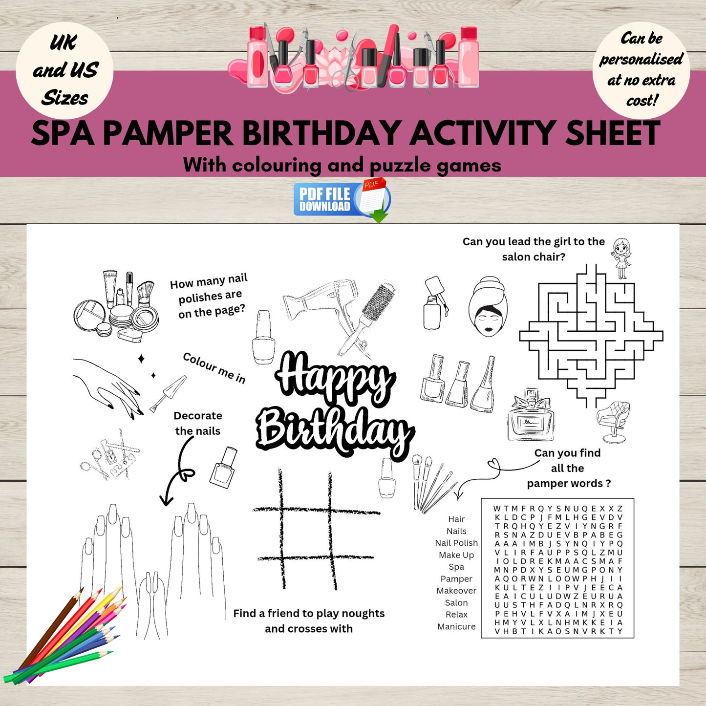 Printable pamper spa birthday party activity place mat for kids with fun games, colouring, and puzzles.