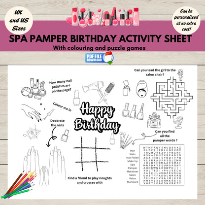 Printable pamper spa birthday party activity place mat for kids with fun games, colouring, and puzzles.