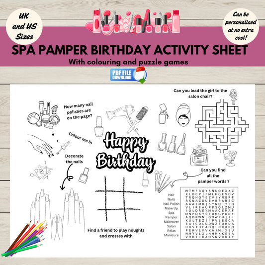 Printable pamper spa birthday party activity place mat for kids with fun games, colouring, and puzzles.