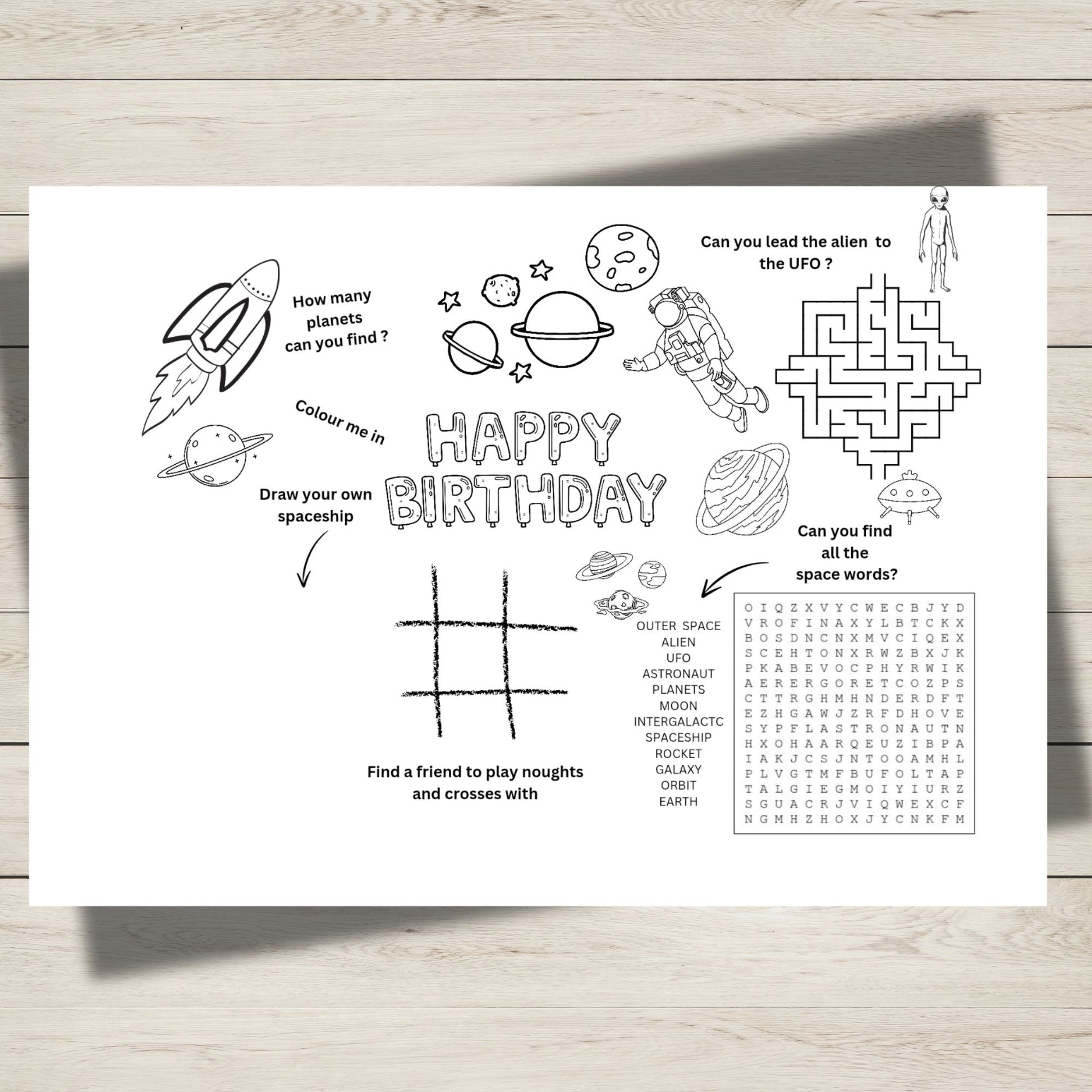 Space-themed birthday activity sheet with colouring and puzzles for kids. 