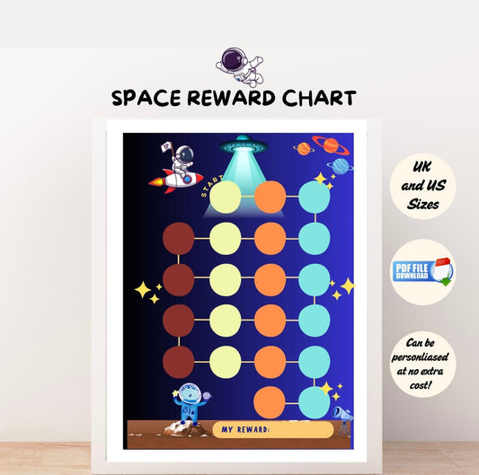 A printable space-themed reward chart for children with astronauts and planets