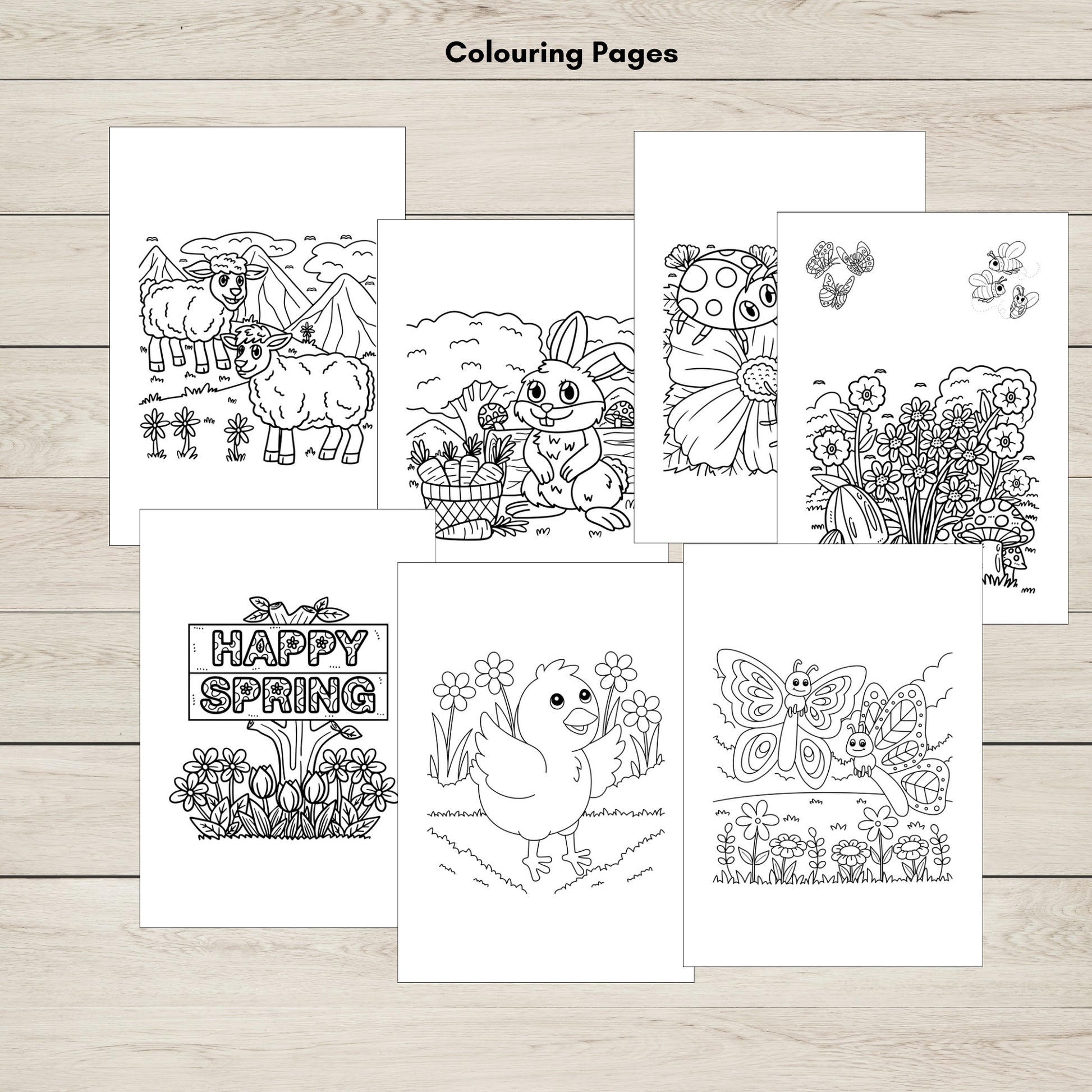 A set of printable Spring themed colouring pages.