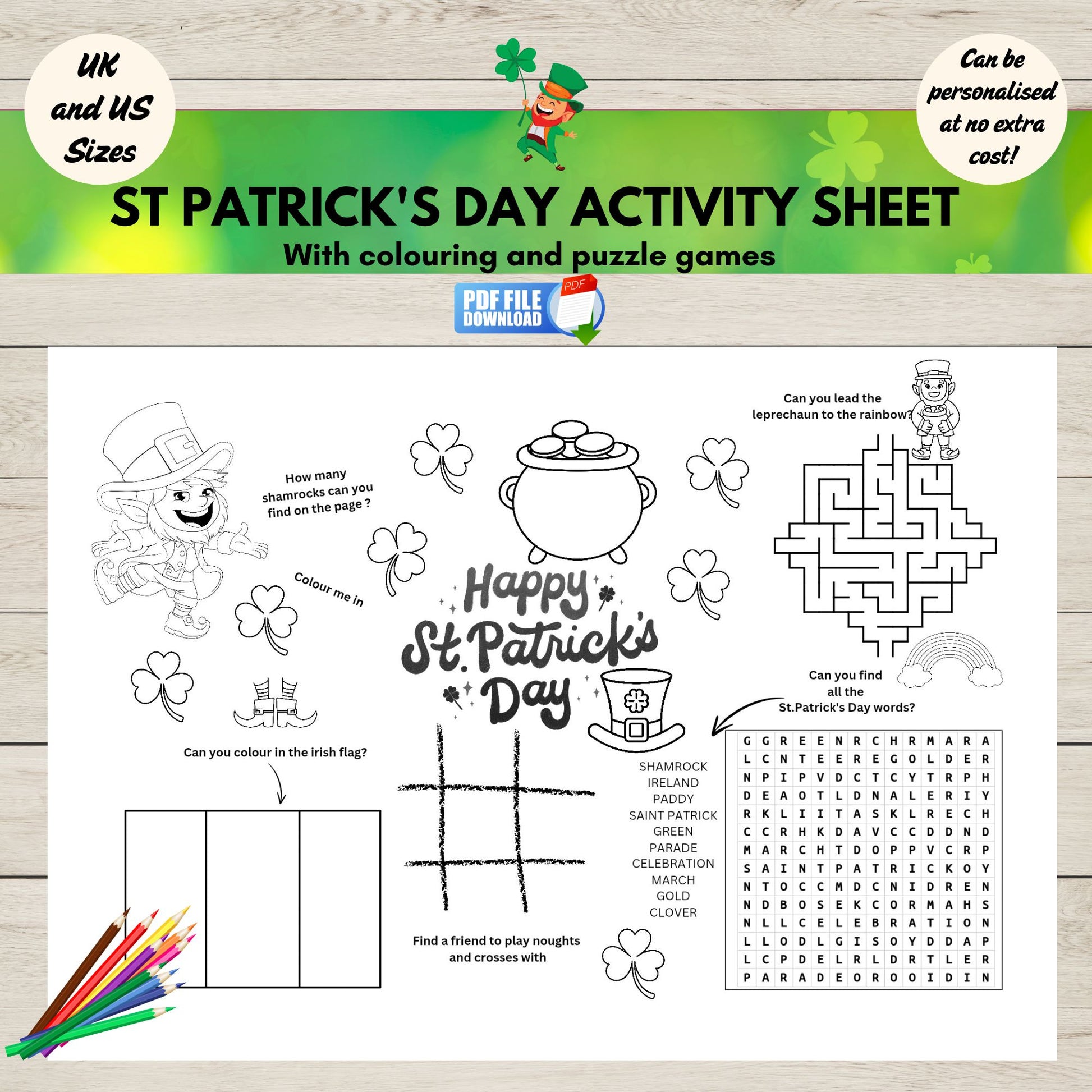 Printable Saint Patrick’s Day activity page for kids featuring holiday-themed puzzles and colouring-perfect for school, home, or party fun.