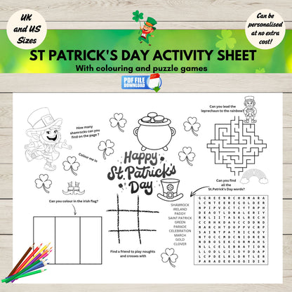 Printable Saint Patrick’s Day activity page for kids featuring holiday-themed puzzles and colouring-perfect for school, home, or party fun.