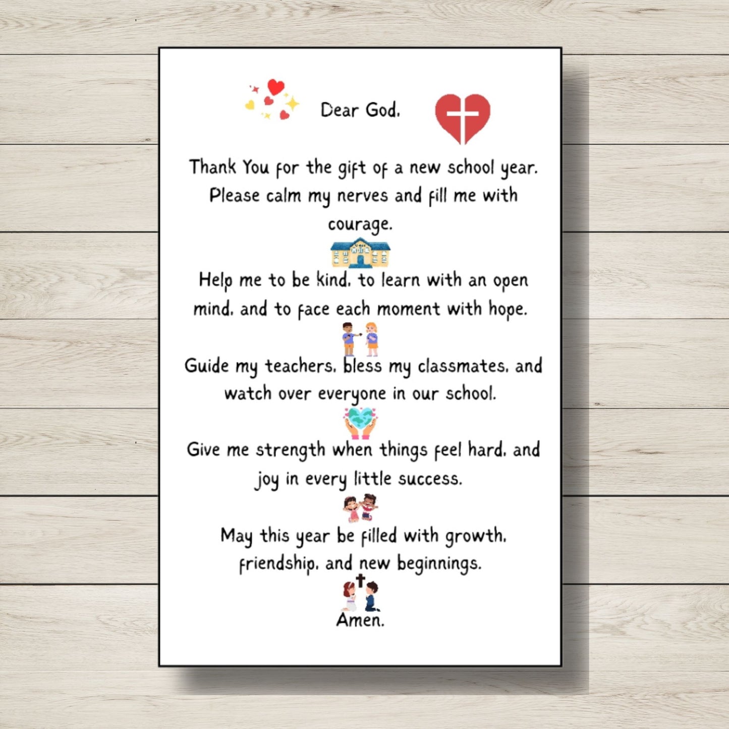 A digital image of a starting school prayer card for kids. 