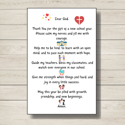 A digital image of a starting school prayer card for kids. 