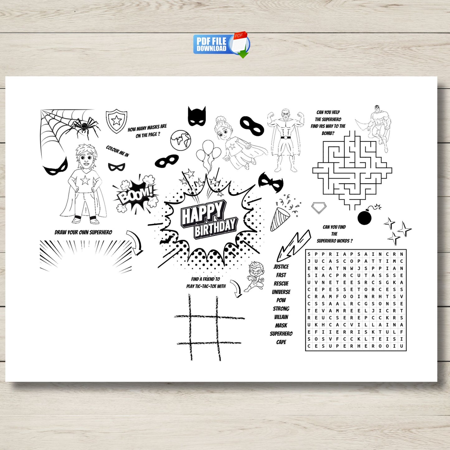 Superhero birthday party activity printable for children.