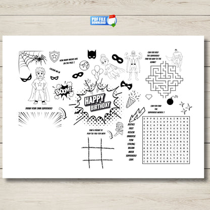 Superhero birthday party activity printable for children.