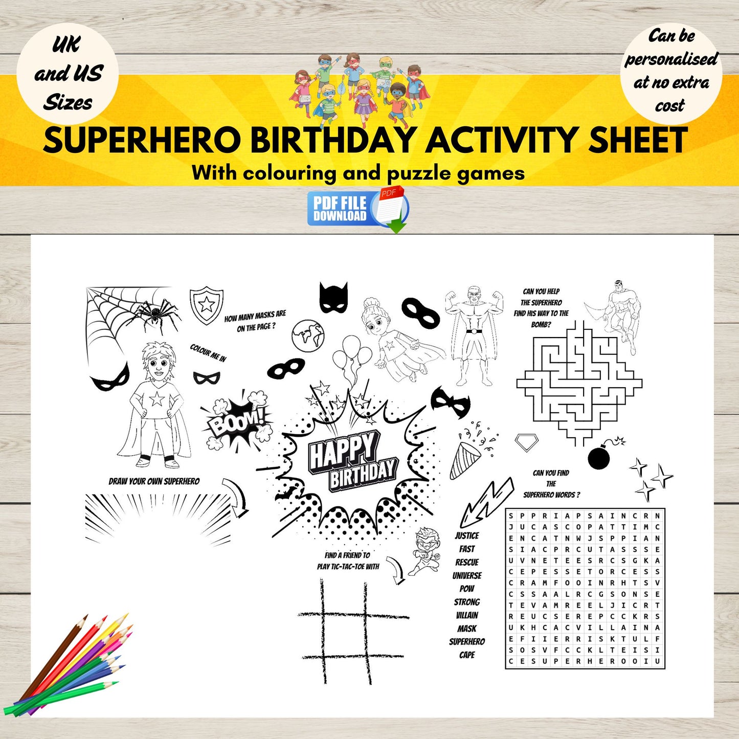 Printable superhero birthday activity sheet for kids party PDF
