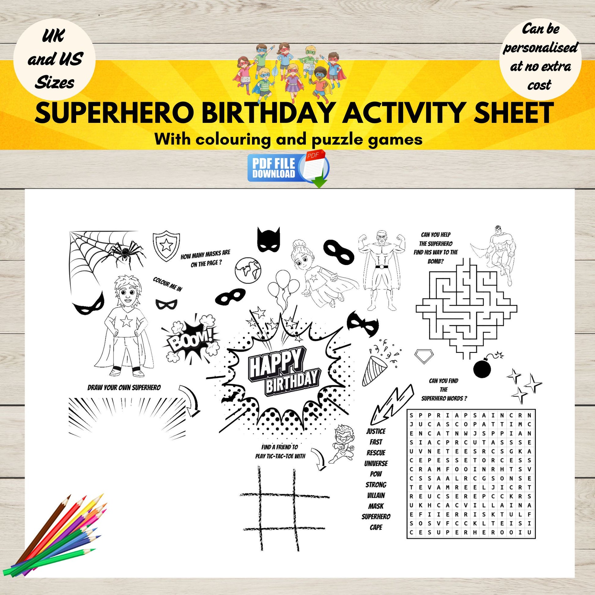 Printable superhero birthday activity sheet for kids party PDF