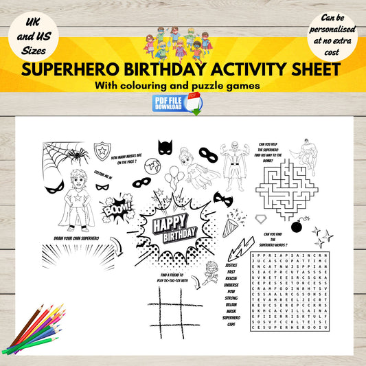 Printable superhero birthday activity sheet for kids party PDF