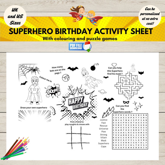 Printable superhero birthday party activity mat for kids with fun games, puzzles, and colouring-perfect for superhero-themed parties.