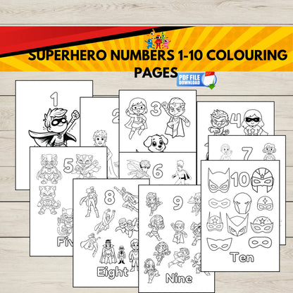 Superhero-themed coloring pages for numbers 1-10 on a wooden surface.