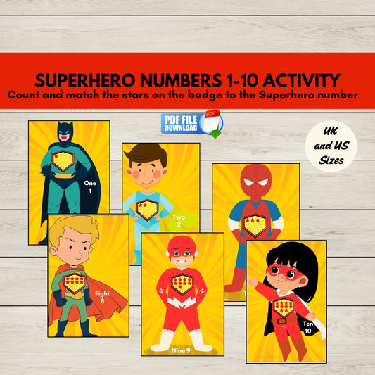 An engaging activity game featuring superhero-themed numbers 1 to 10 for children. It comes with vibrant superhero characters and number matching to make early math enjoyable.