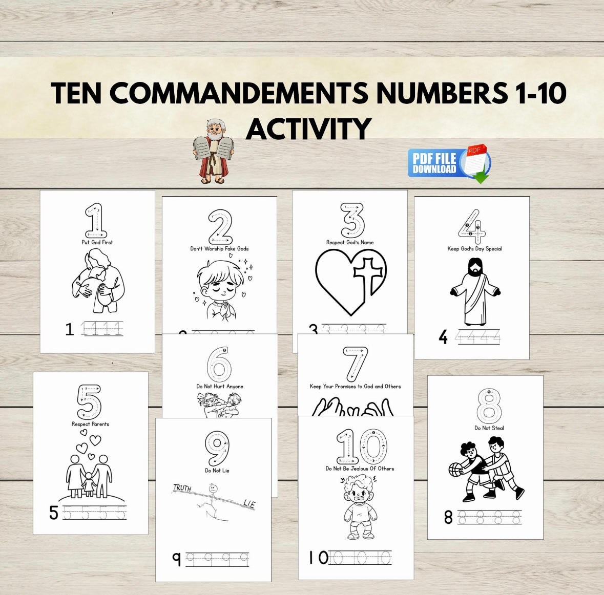 Ten Commandments numbers 1-10 activity sheet with illustrations on a wooden background
