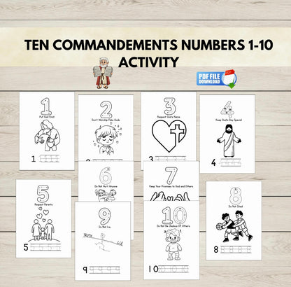 Ten Commandments numbers 1-10 activity sheet with illustrations on a wooden background
