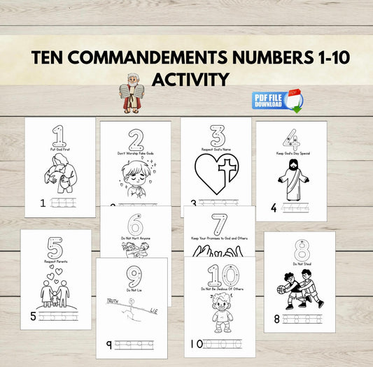Ten Commandments numbers 1-10 activity sheet with illustrations on a wooden background