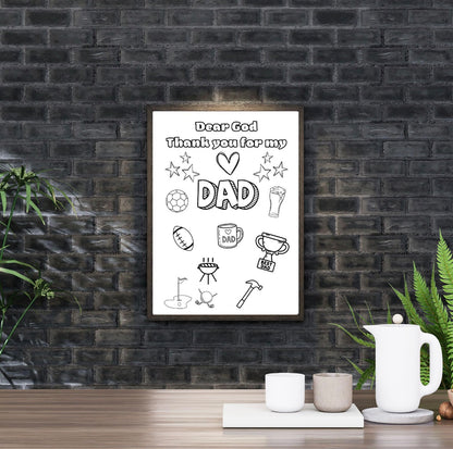 Framed print with 'Dear God, Thank you for my DAD' text and illustrations on a black brick wall.