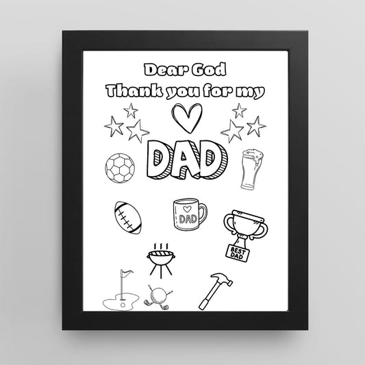 Framed print with black and white illustrations of 'give thanks to god colouring page' and text on a light grey background.