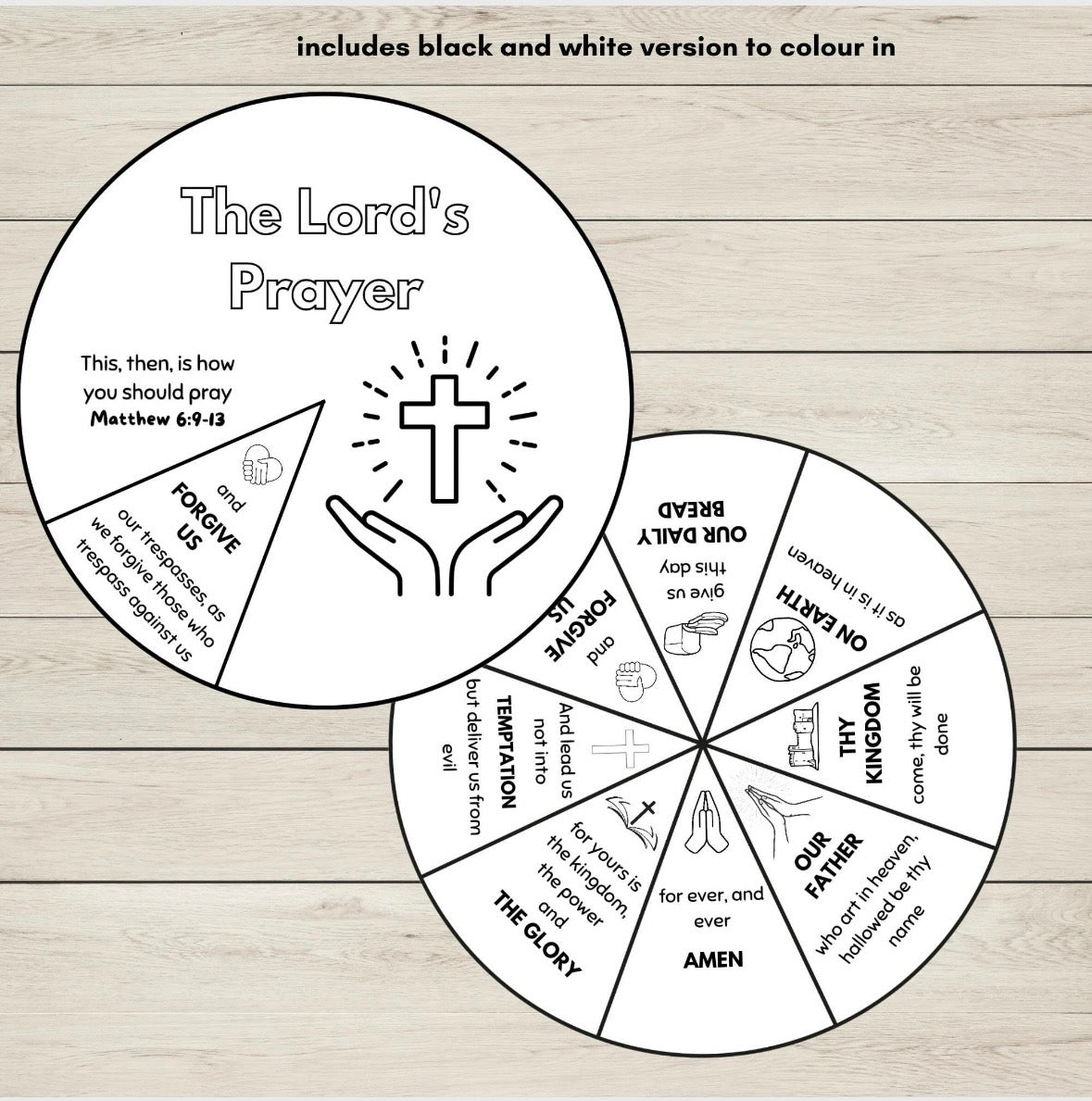 Two printable prayer crafts wheels labelled 'The Lord's Prayer' on a light wood background, with text at the top stating it includes a black and white version to colour in.